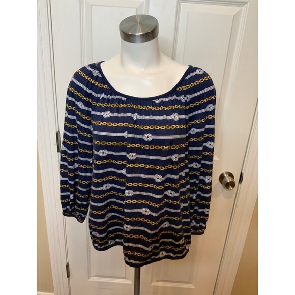 Michael Kors Blue Gold Chain Print Long Sleeve Top, Size M - Picture 1 of 5